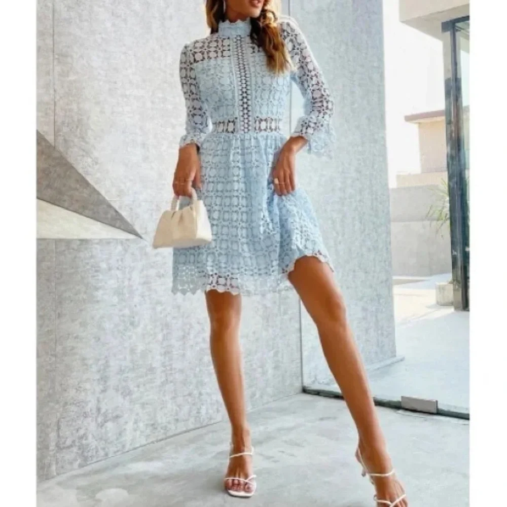 Classic Lace Frill Neck Long Sleeve Party Dress - Picture 8 of 13